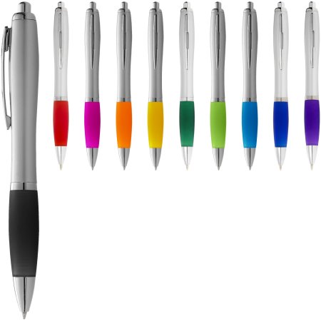 Nash Kugelschreiber silbern mit farbigem Griff Druckfarbe Blaue Schrift